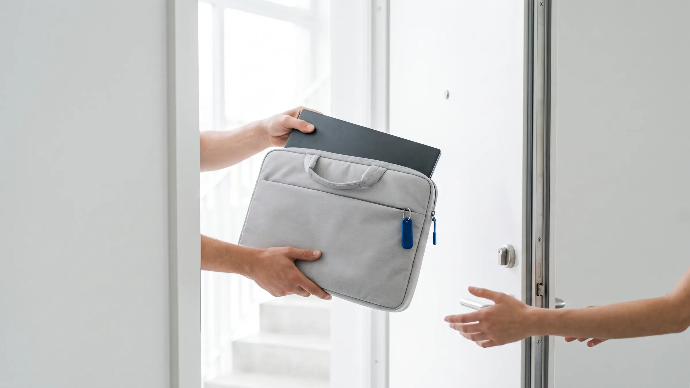 Laptop in gepolsterter Transporttasche bei der Übergabe an der Wohnungstür – Abholservice in Wien