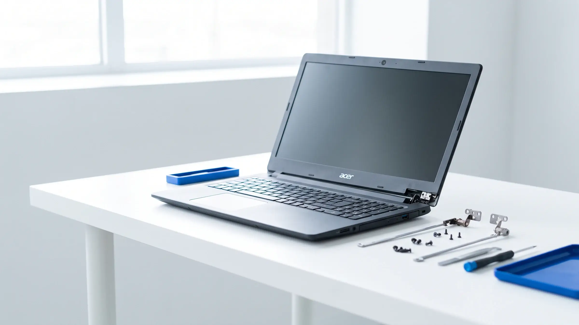 Laptop mit gebrochenem Scharnier vor der Scharnier-Reparatur