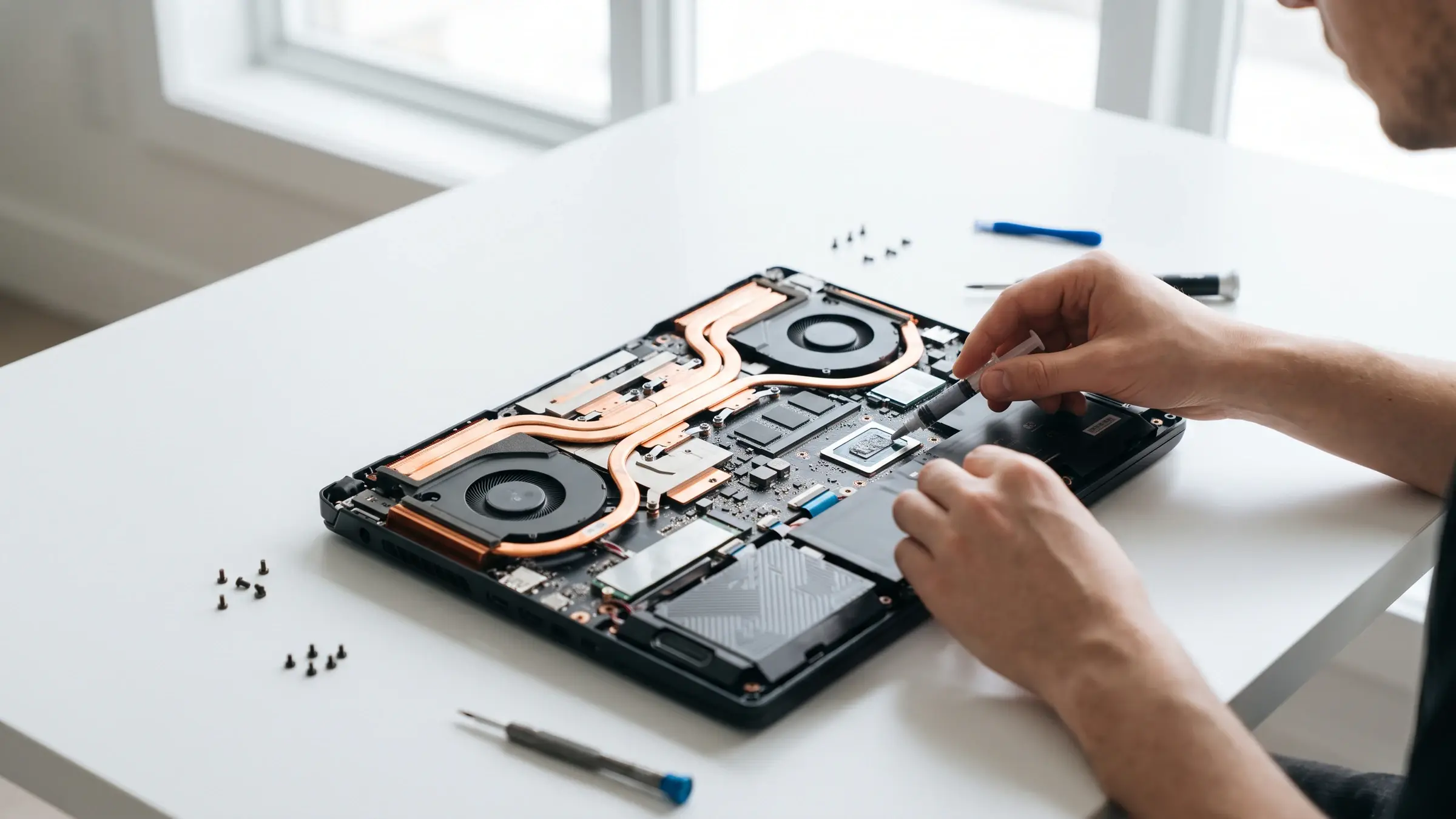 Gaming-Laptop mit geöffneter Kühlung beim Lüfter-Service