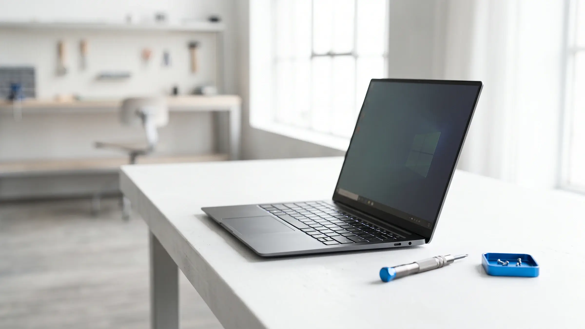 Notebook mit sehr schmalem Displayrahmen auf heller Werkbank