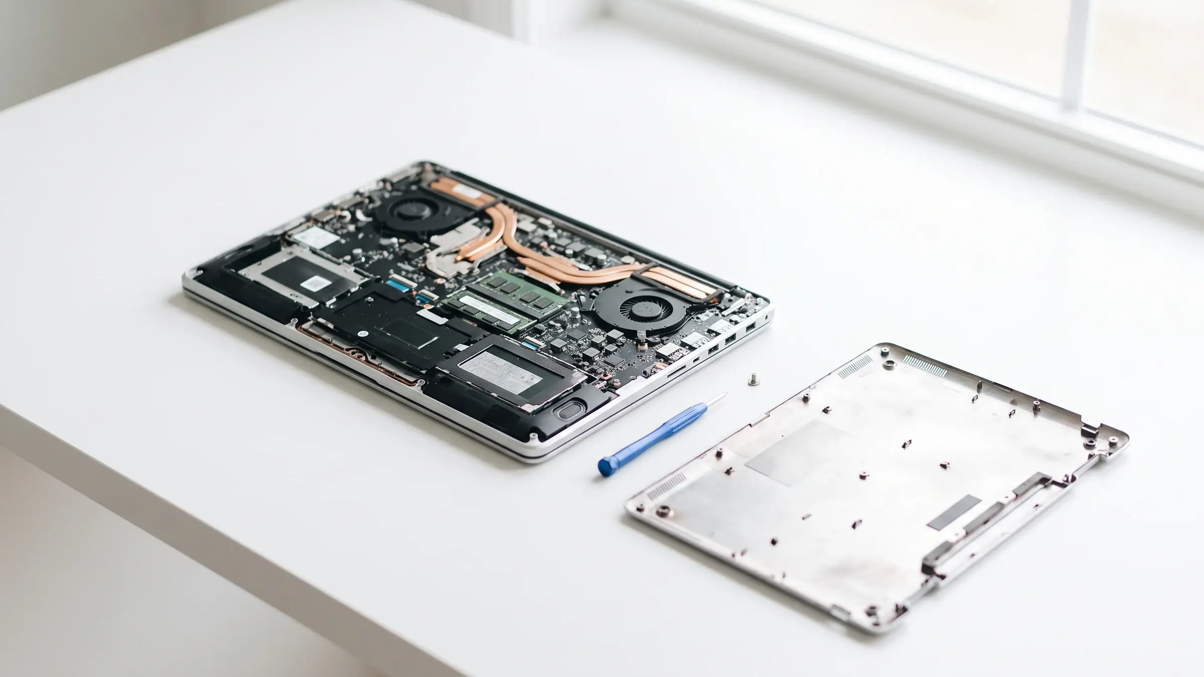 Silbernes Business-Notebook mit geöffneter Bodenplatte