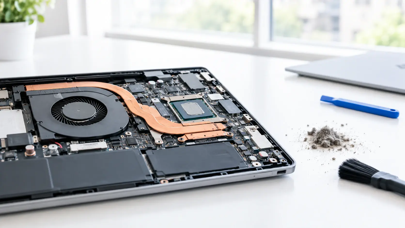 Lüfter-Reinigung: Gereinigter Laptop-Lüfter mit Kühlrippen und frischer Wärmeleitpaste