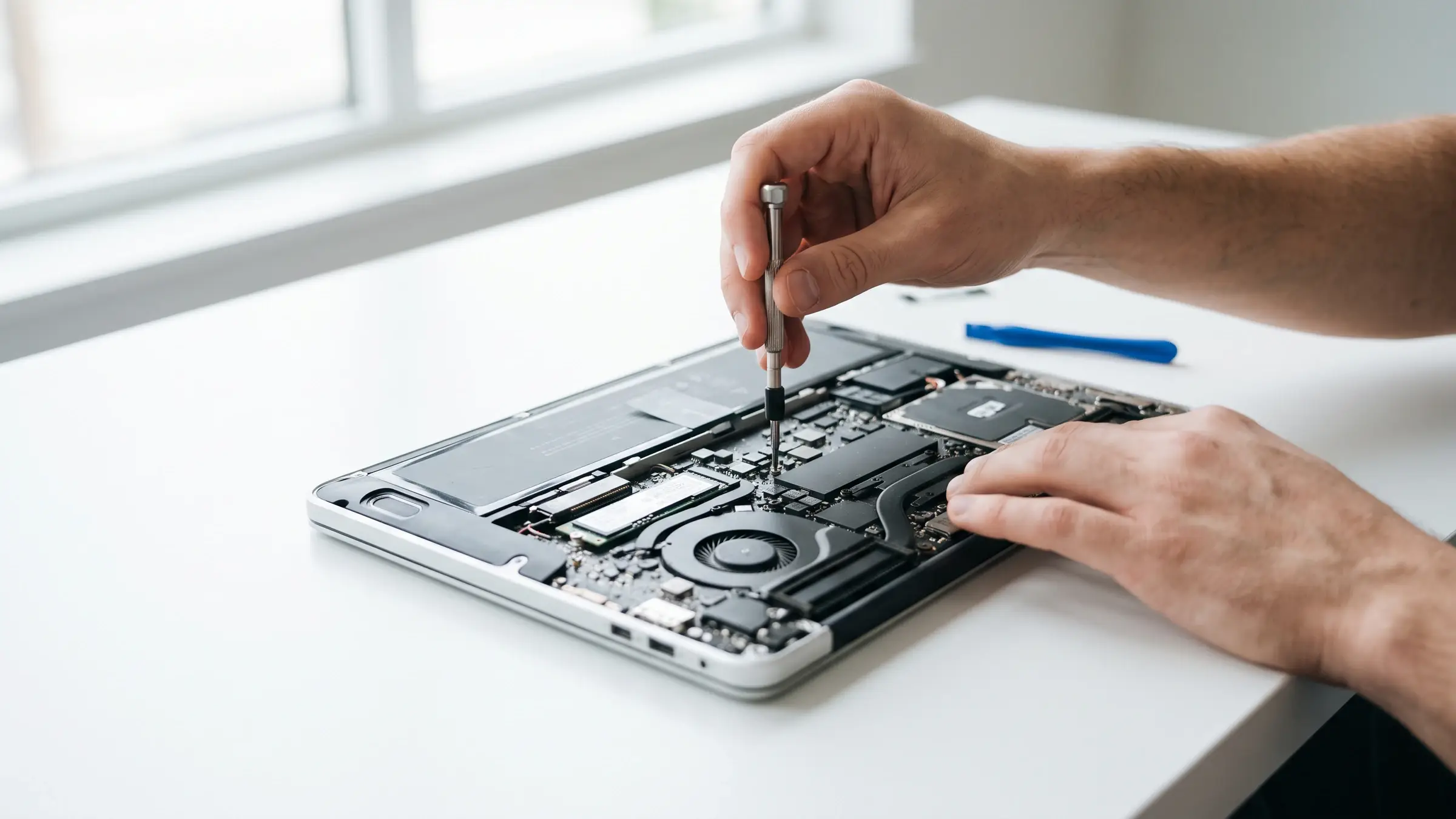 Laptop-Reparatur: Hände eines Technikers prüfen das Innenleben eines Notebooks bei der Laptop-Reparatur