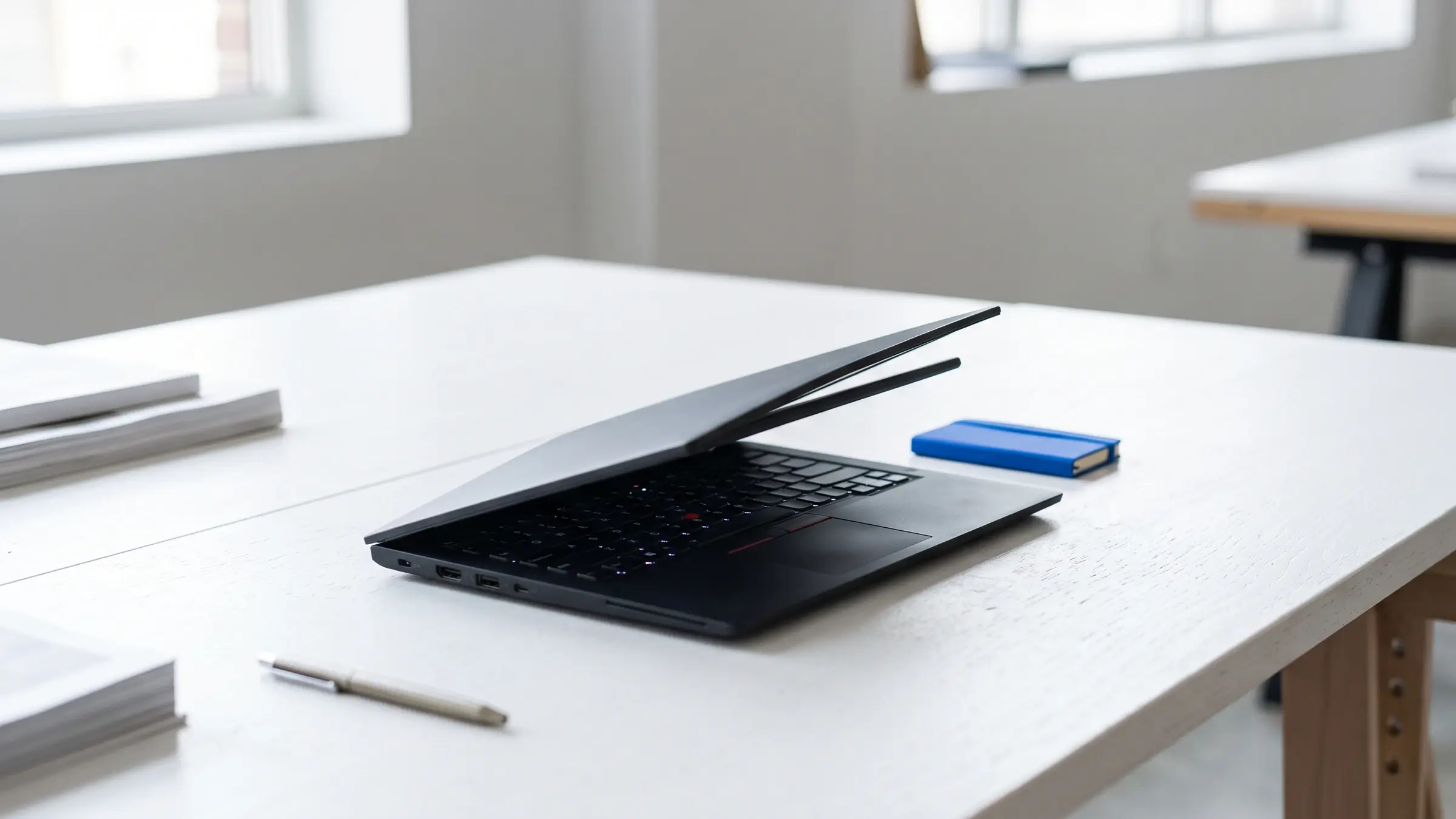 Schwarzes Business-Notebook mit rotem TrackPoint vor der Reparatur