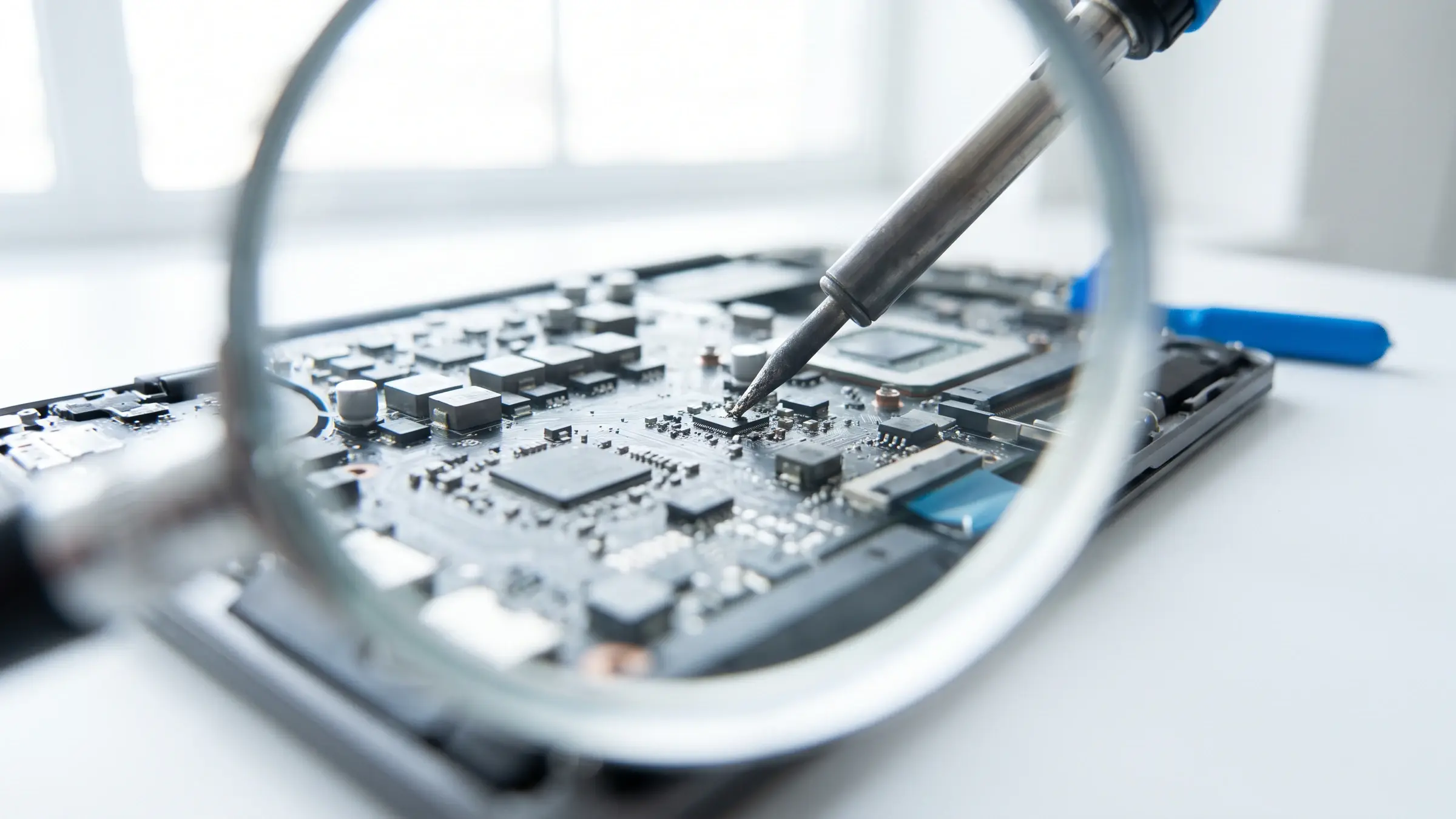 Laptop-Mainboard unter der Lupe bei der Mainboard-Reparatur