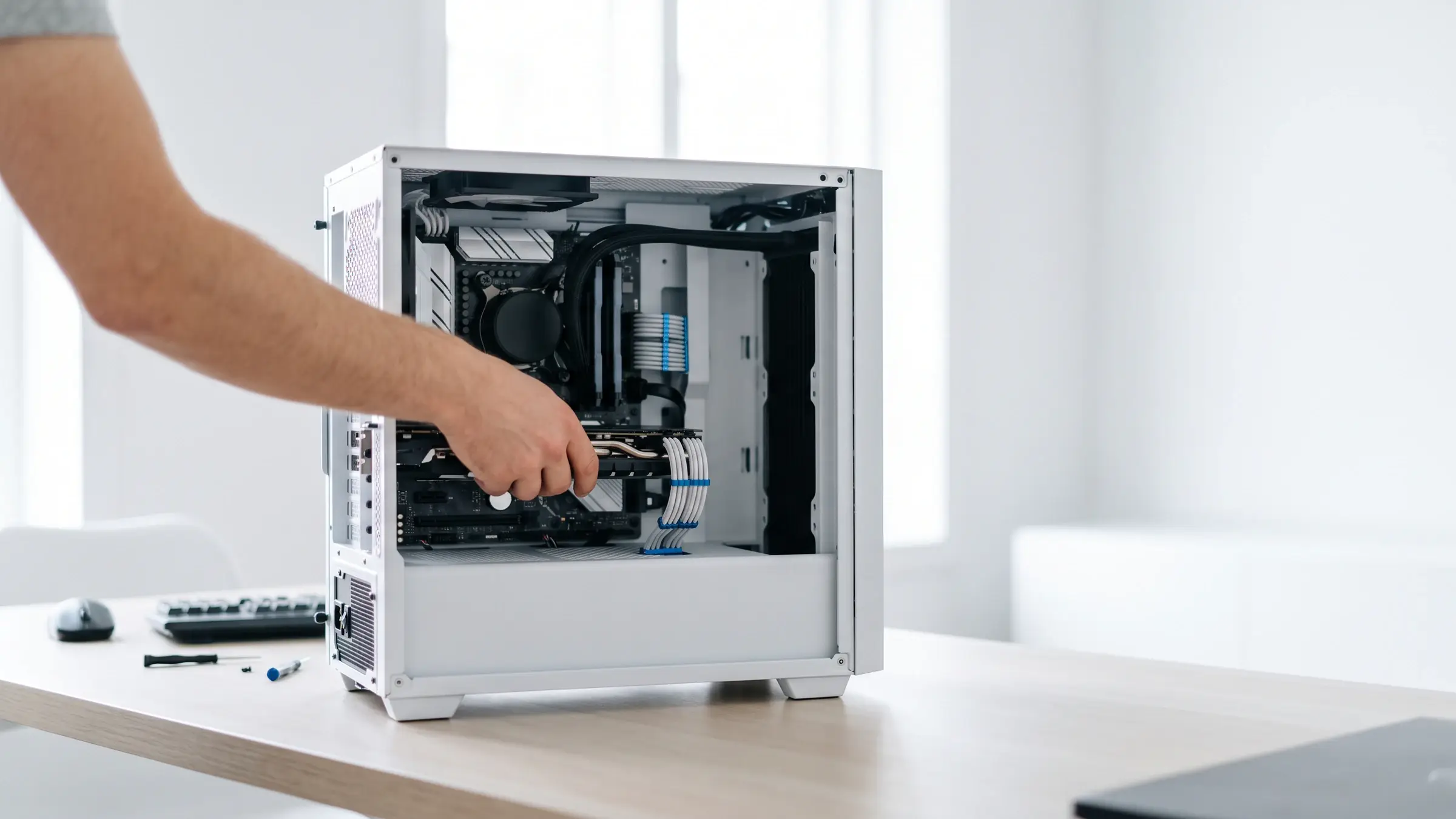 Geöffneter Desktop-PC mit Grafikkarte bei der PC-Reparatur