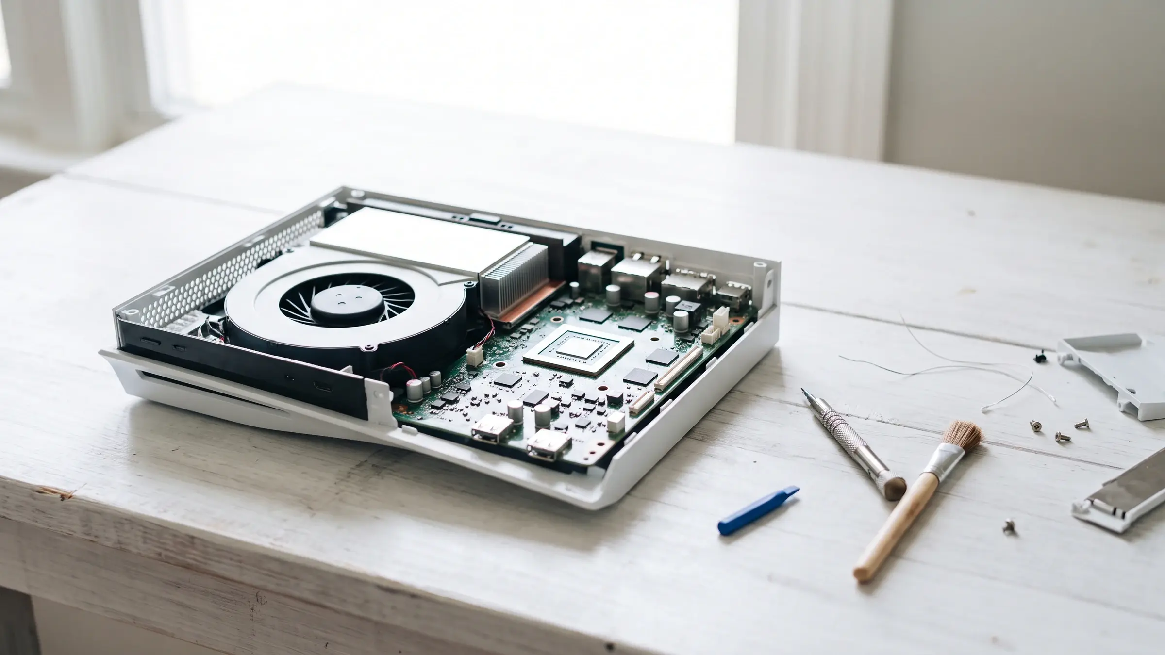 Geöffnete Spielkonsole mit sichtbarem Lüfter und Mainboard bei der PS5-Reparatur