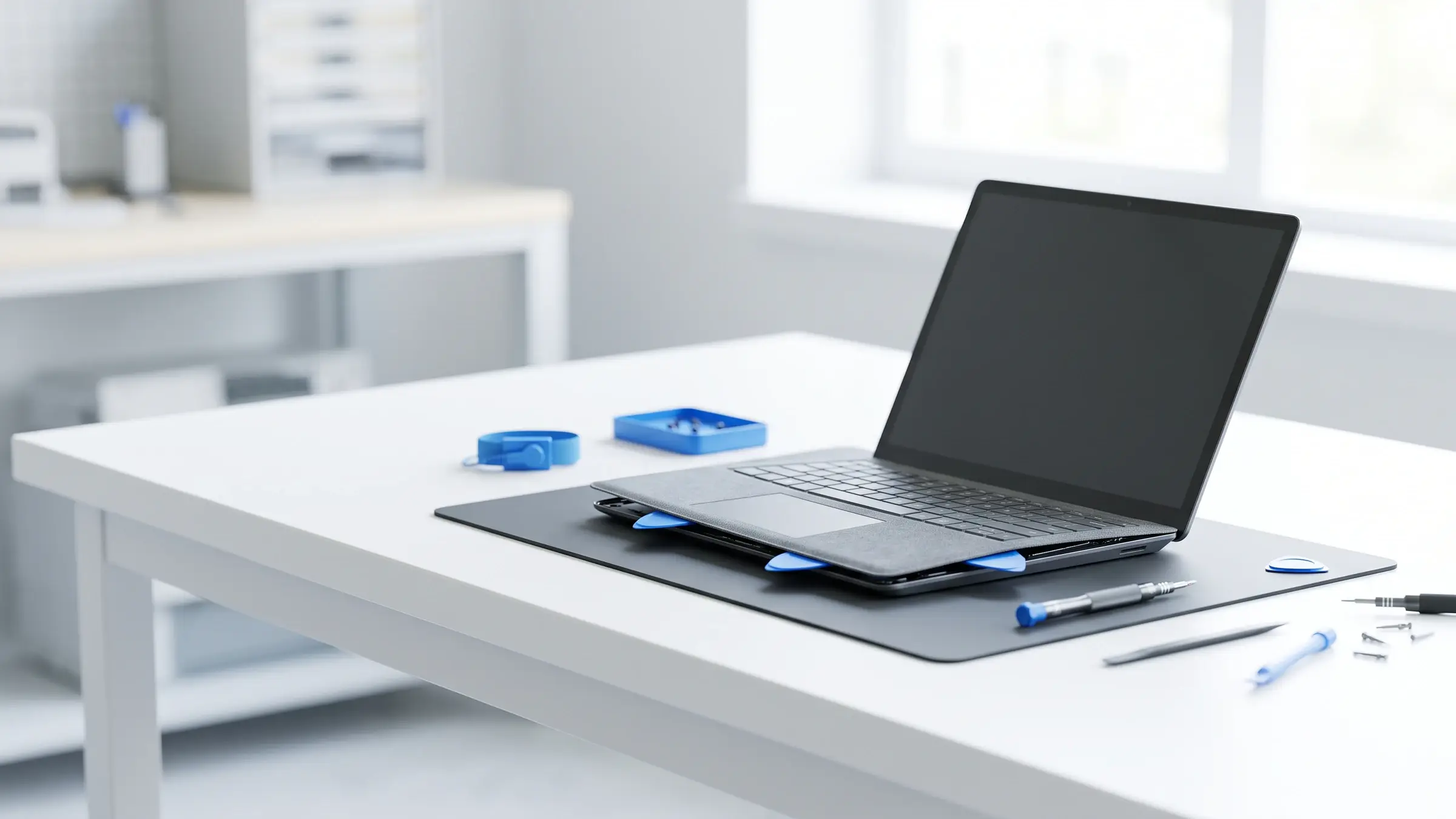 Schlankes Notebook mit Alcantara-Tastaturbereich bei der Reparatur – Surface-Reparatur