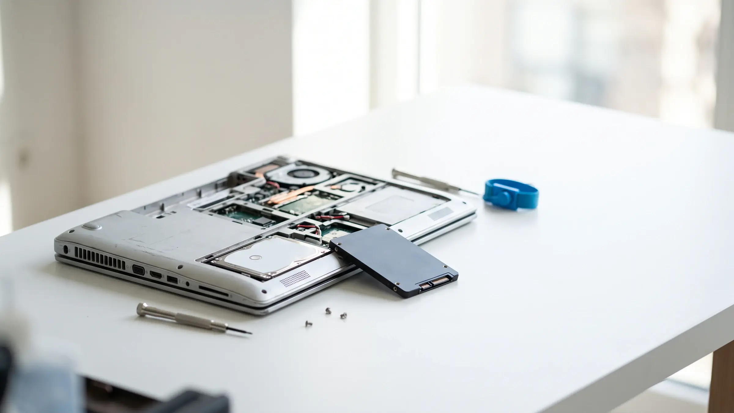 Älteres Notebook beim Tausch der Festplatte gegen eine SSD – Toshiba-Reparatur