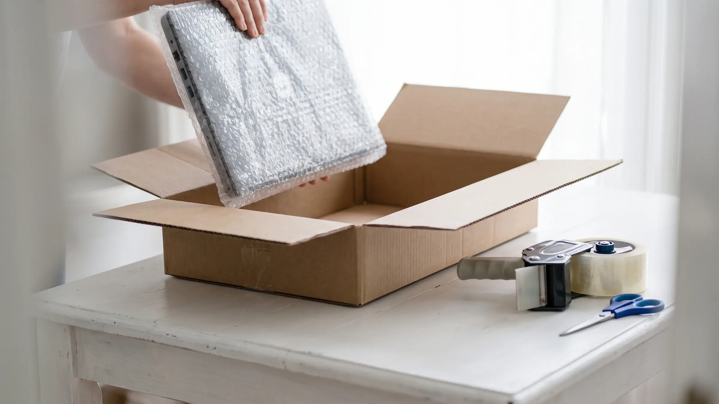 Laptop wird in Luftpolsterfolie und Karton für den Versand verpackt